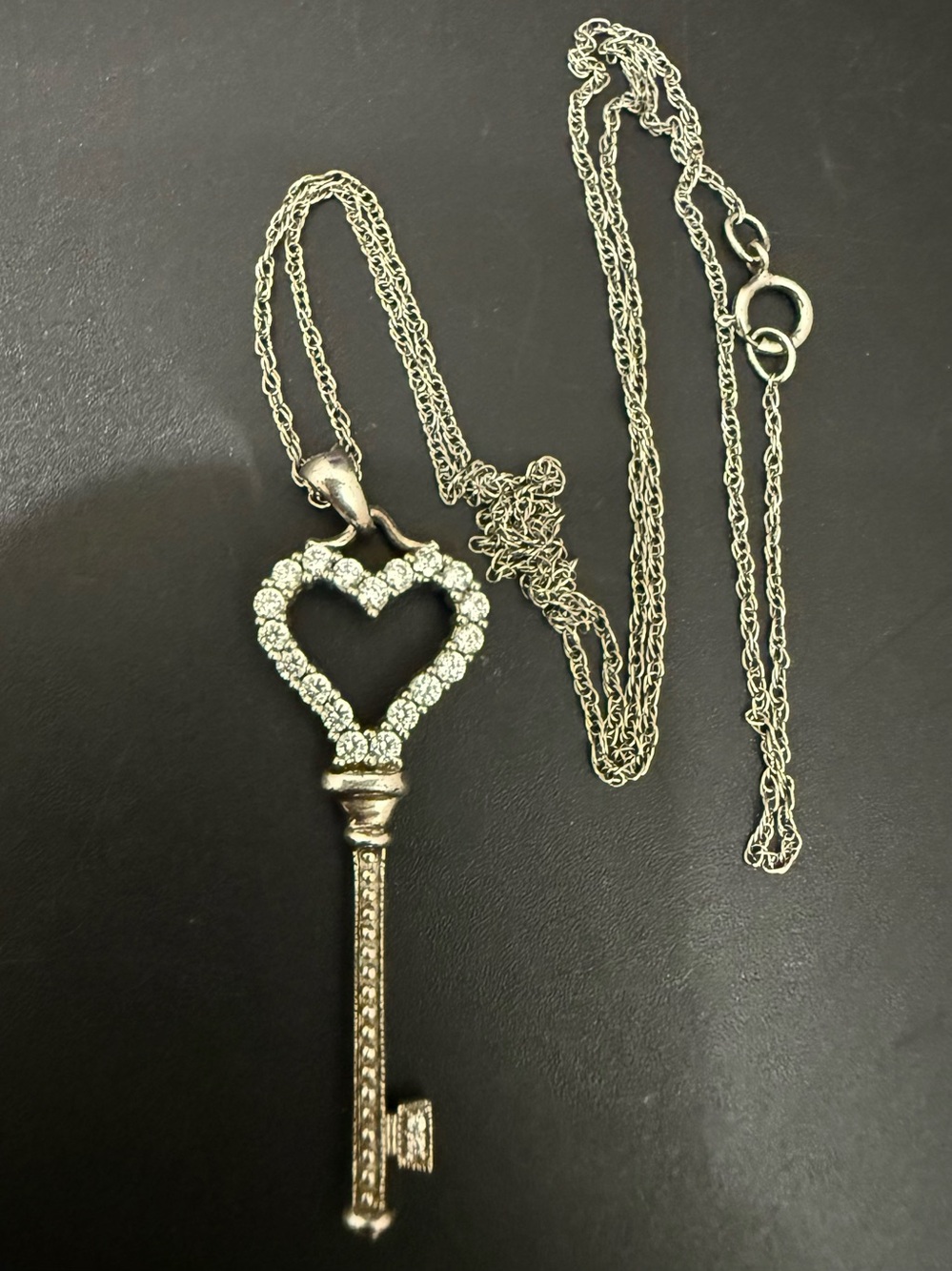 Signed H925 Sterling Silver Pave Crystal Skeleton Key Pendant 18” Necklace